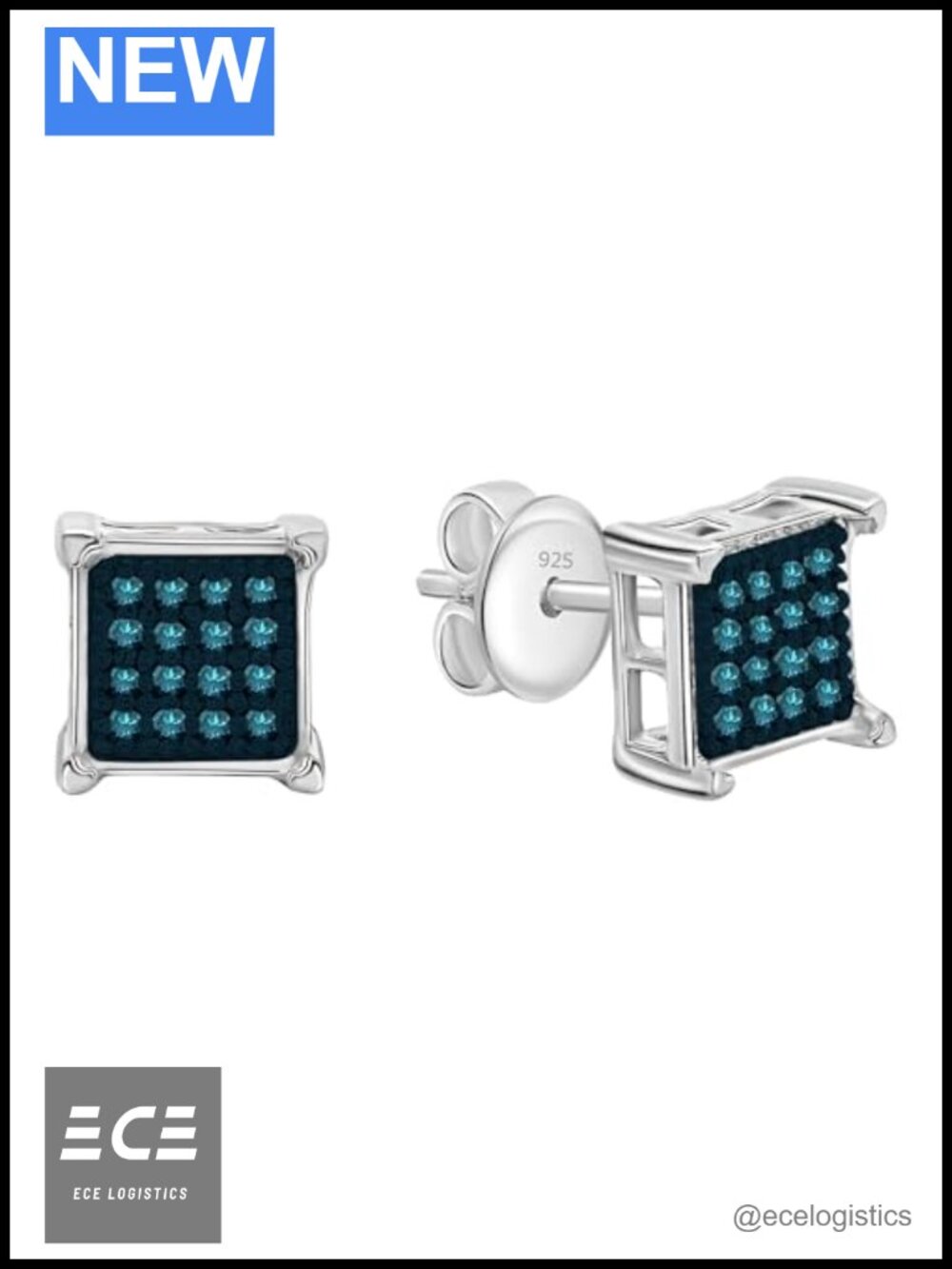 925 Sterling Silver Blue Diamond Stud Earrings Unisex